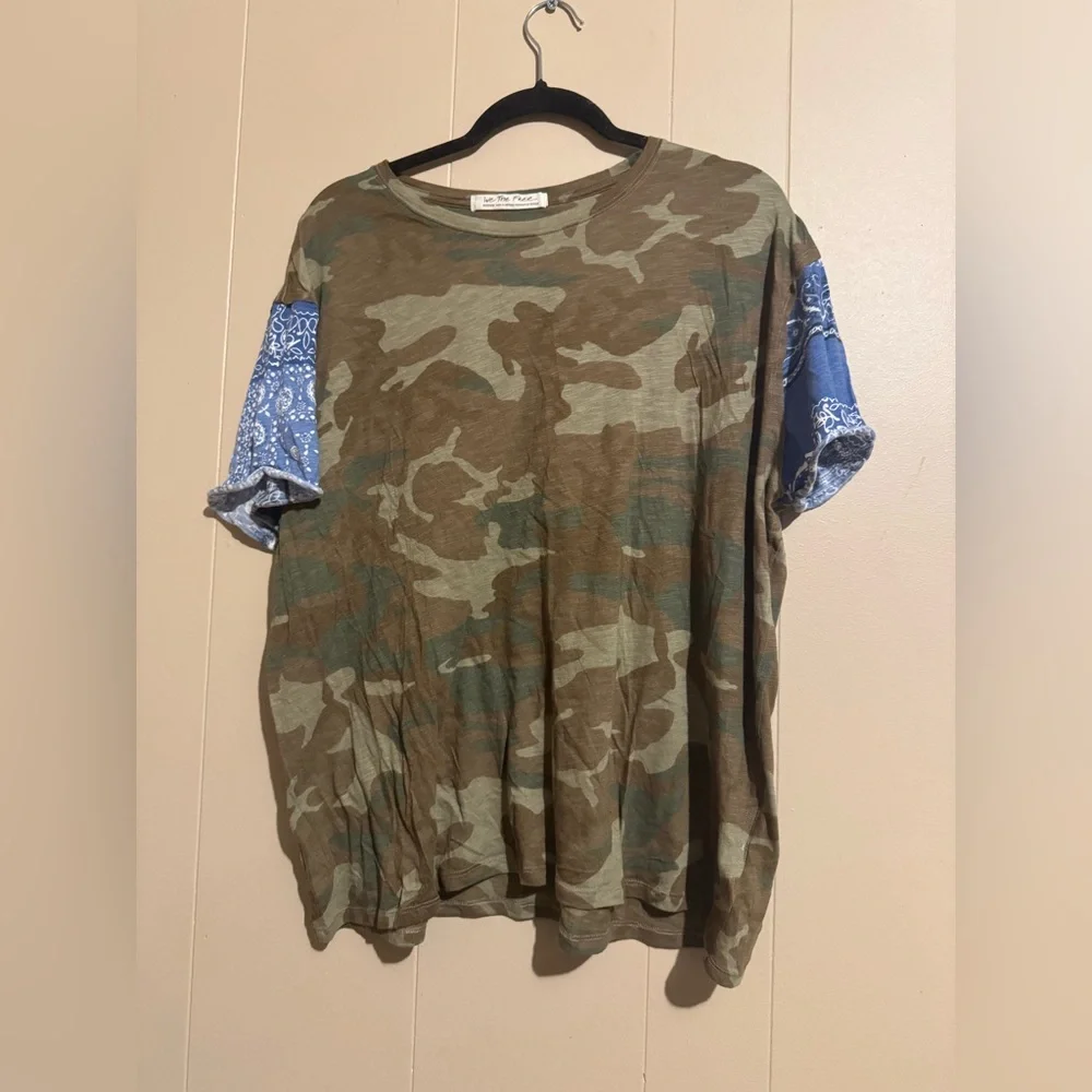 Free People Camo Tee with Blue Bandana Sleeve Accents